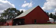 Front view of a red barn